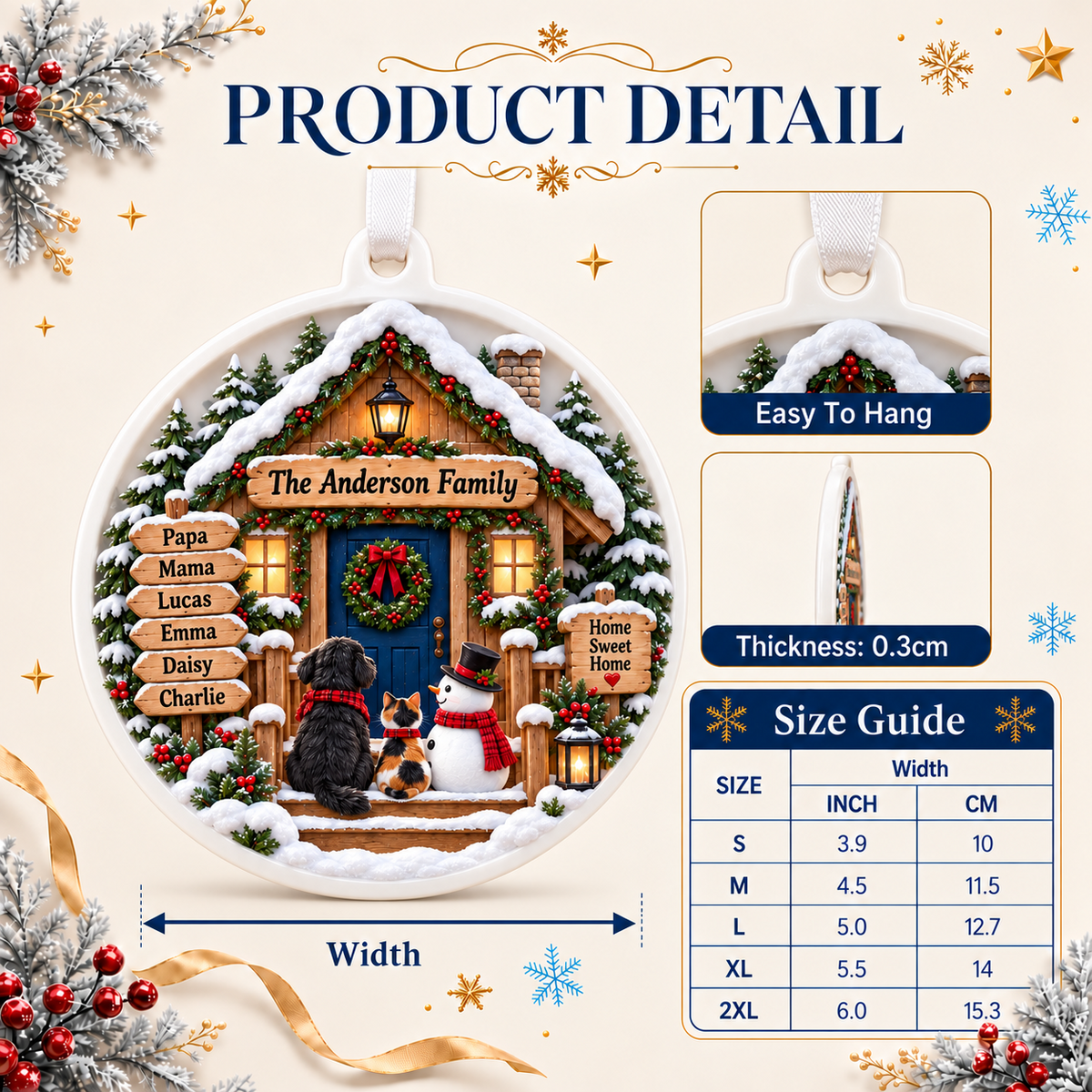 Round Christmas Tree Decoration with Winter Cabin, Snowman, and Pets - 3D Relief Ornament