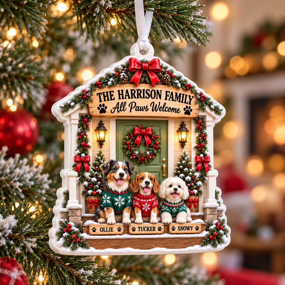 Christmas Front Porch Dogs Holiday Tree Hanging Plaque - 3D Relief Ornament