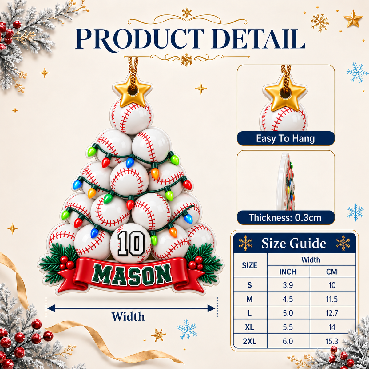 Baseball Christmas Tree Holiday Decor with Star Topper and Festive Lights - 3D Relief Ornament