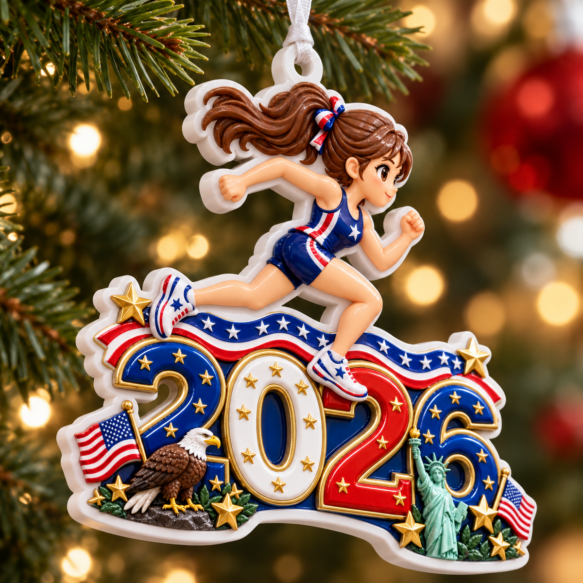 Female Runner 2026 Patriotic USA Track and Field Athlete - 3D Relief Ornament