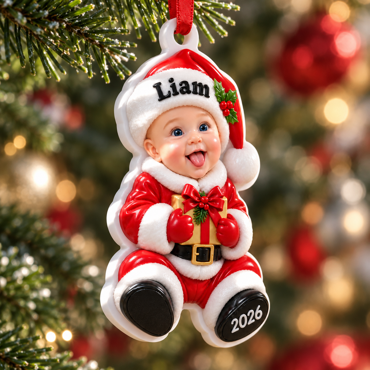 Red Santa Hat and Gold Gift Box Christmas Picture Frame Hanging Decor - 3D Relief Ornament