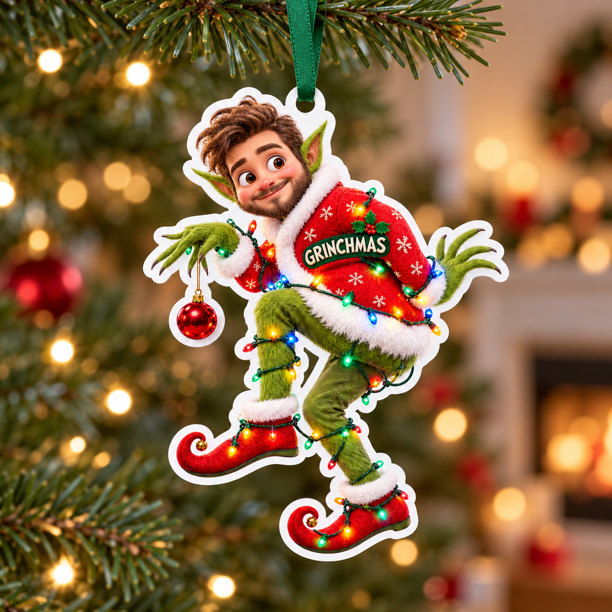 Stealthy Green Elf in Santa Coat with Christmas Lights Hanging Acrylic Bauble - 3D Relief Ornament
