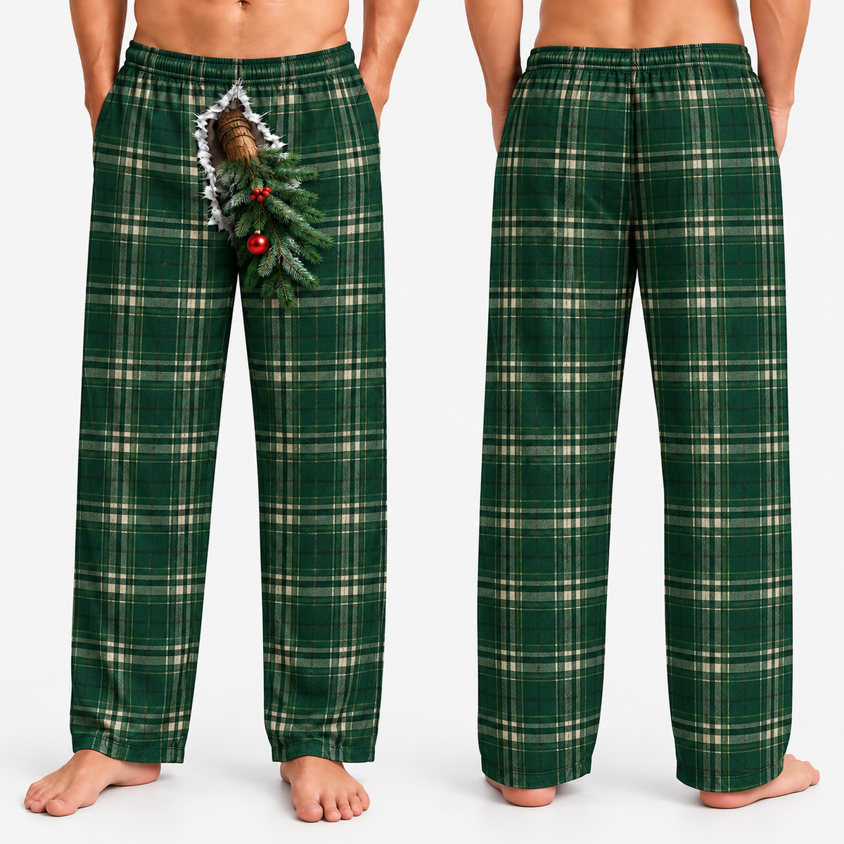 Mens Christmas Pajama Pants Red Plaid 3D Reindeer Nose Holiday Bottoms