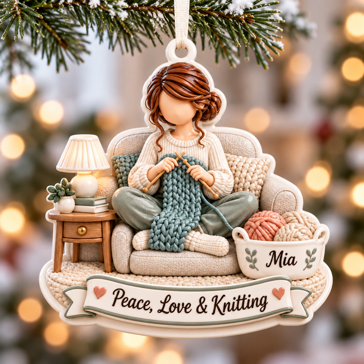 Woman Knitting in Armchair Holiday Keepsake with Yarn Basket - 3D Relief Ornament