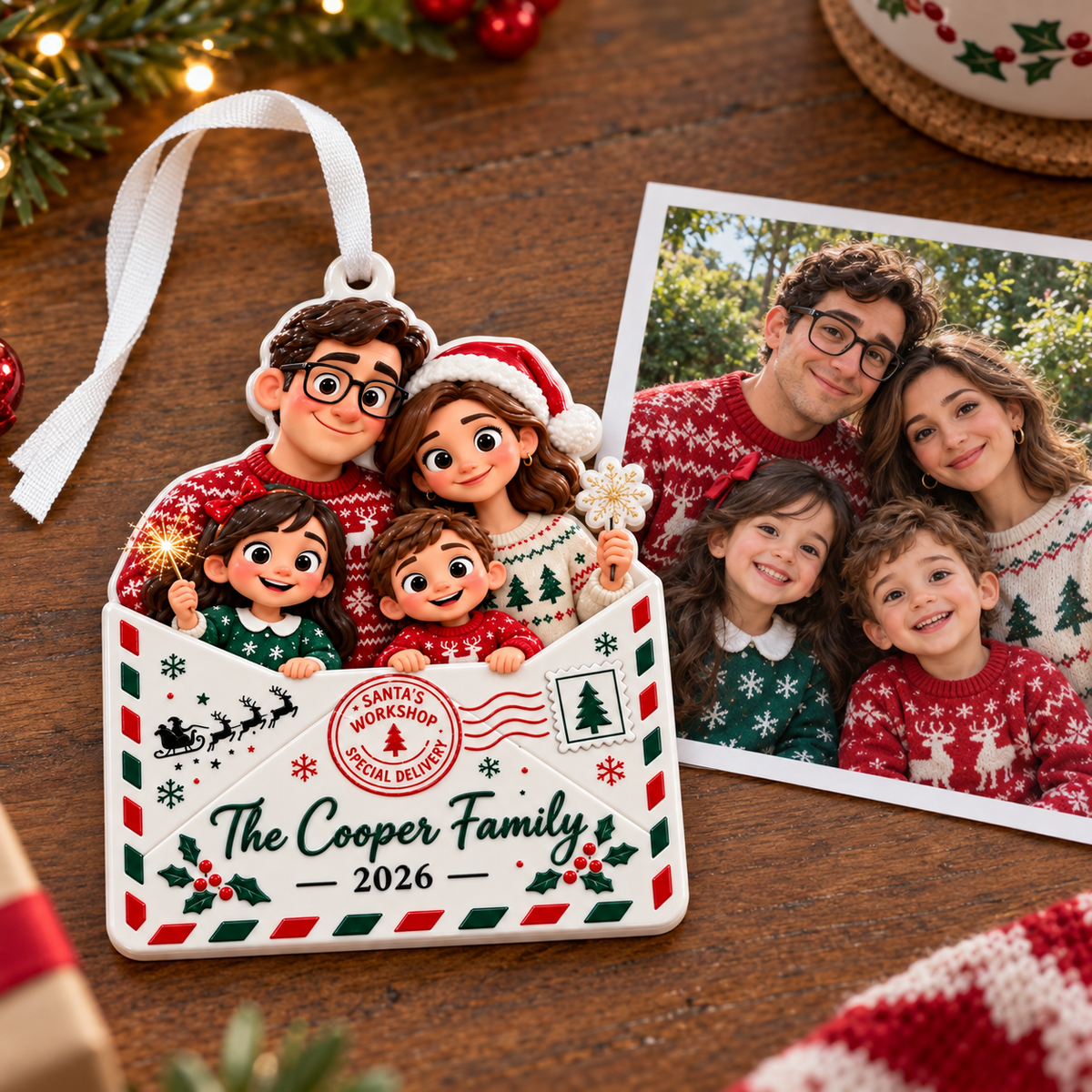 Cartoon Family of Four in Christmas Letter Envelope Hanging Keepsake - 3D Relief Ornament