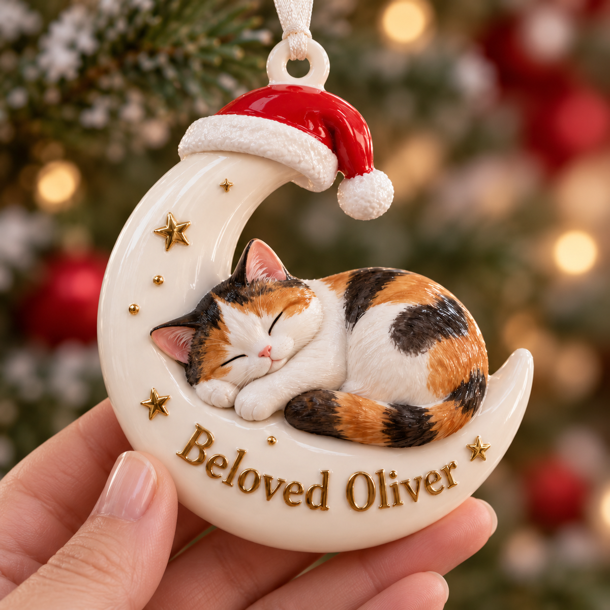 Sleeping Calico Cat on Crescent Moon with Santa Hat Holiday Keepsake - 3D Relief Ornament