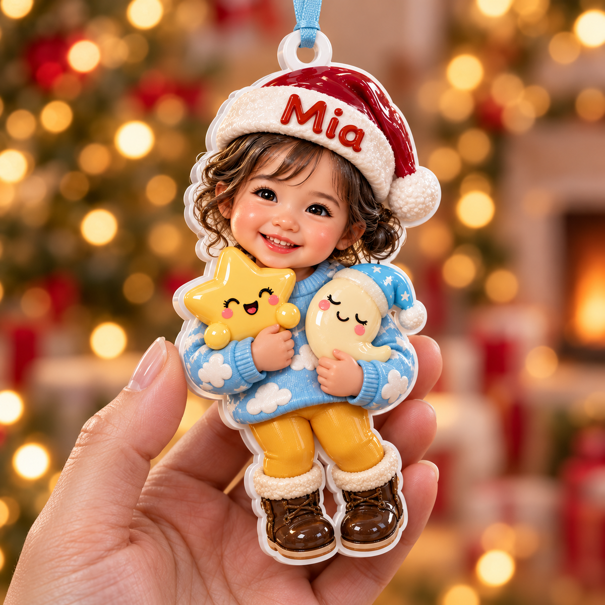 Baby Girl in Santa Hat with Star and Moon Acrylic Holiday Keepsake - 3D Relief Ornament