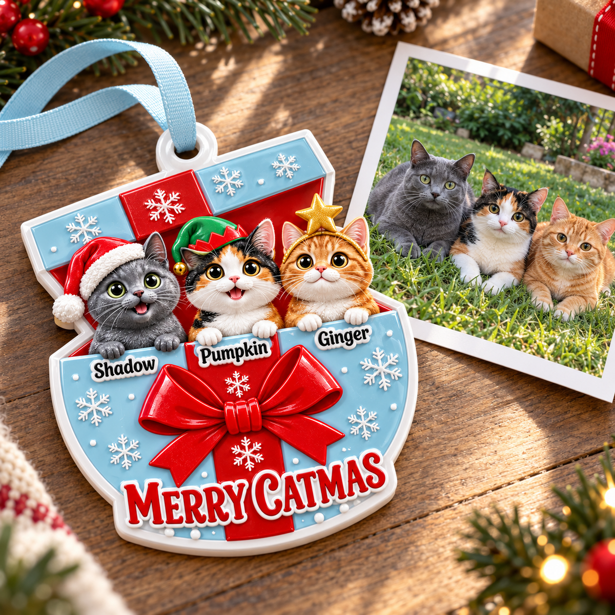 Holiday Cat Trio in Present Box Christmas Tree Pendant, Snowflake Bow Keepsake - 3D Relief Ornament