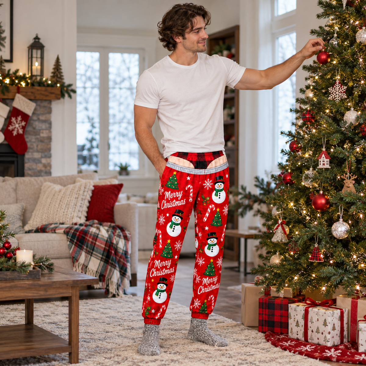 Mens Christmas Gag Pajama Pants Novelty Boxer Waistband Joggers