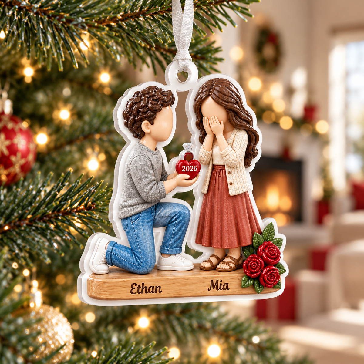 Marriage Proposal Couple Acrylic Tree Hanging Keepsake - 3D Relief Ornament