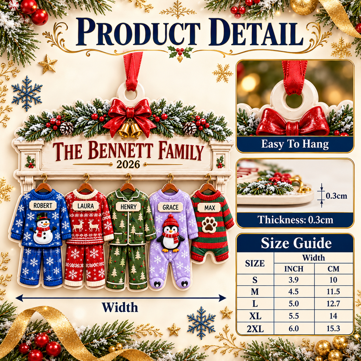 Family Pajamas Fireplace Mantle Hanging Holiday Keepsake - 3D Relief Ornament
