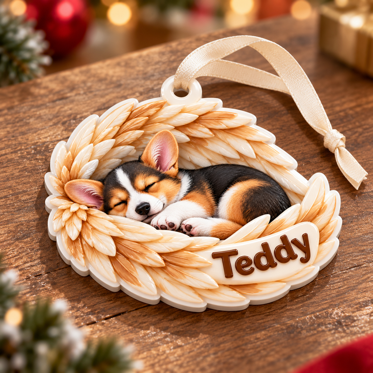 Sleeping Corgi Puppy with Angel Wings Hanging Holiday Keepsake - 3D Relief Ornament