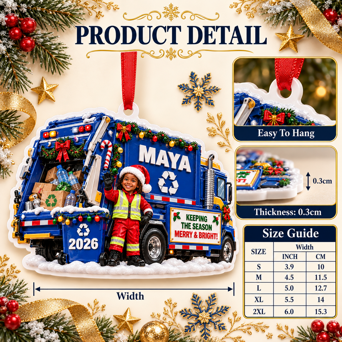 Recycling Garbage Truck Holiday Keepsake with Little Worker - 3D Relief Ornament