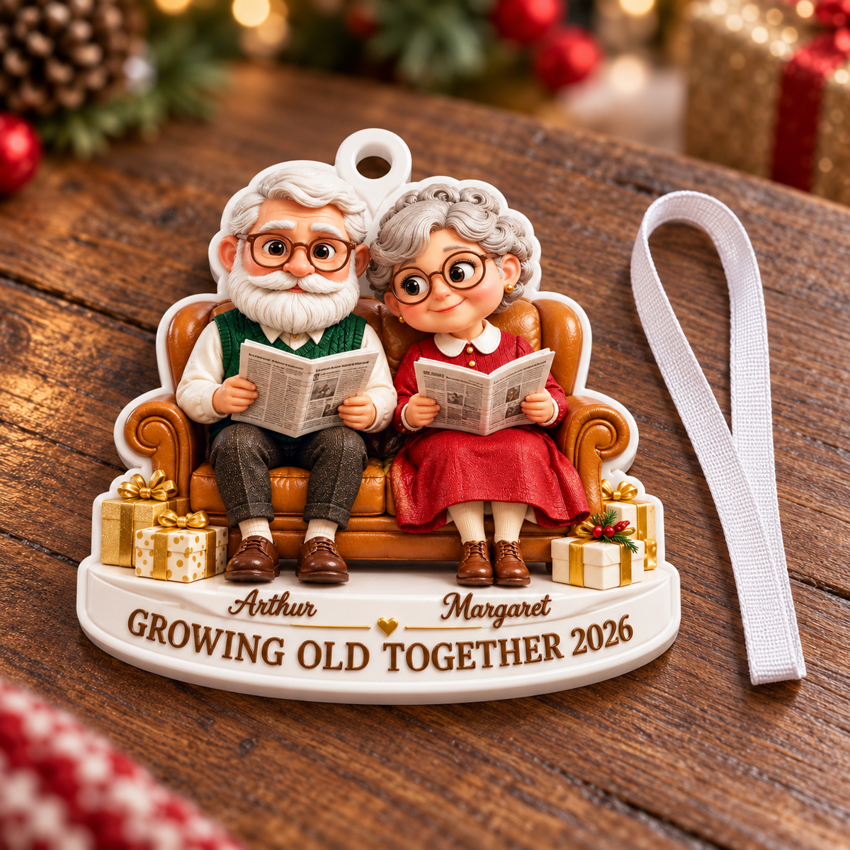 Elderly Couple on Couch Christmas Holiday Keepsake - 3D Relief Ornament