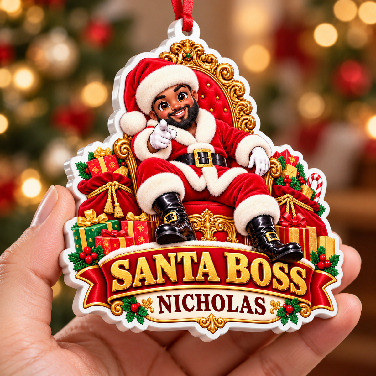 Black Santa Boss on Ornate Throne Holiday Tree Decor - 3D Relief Ornament