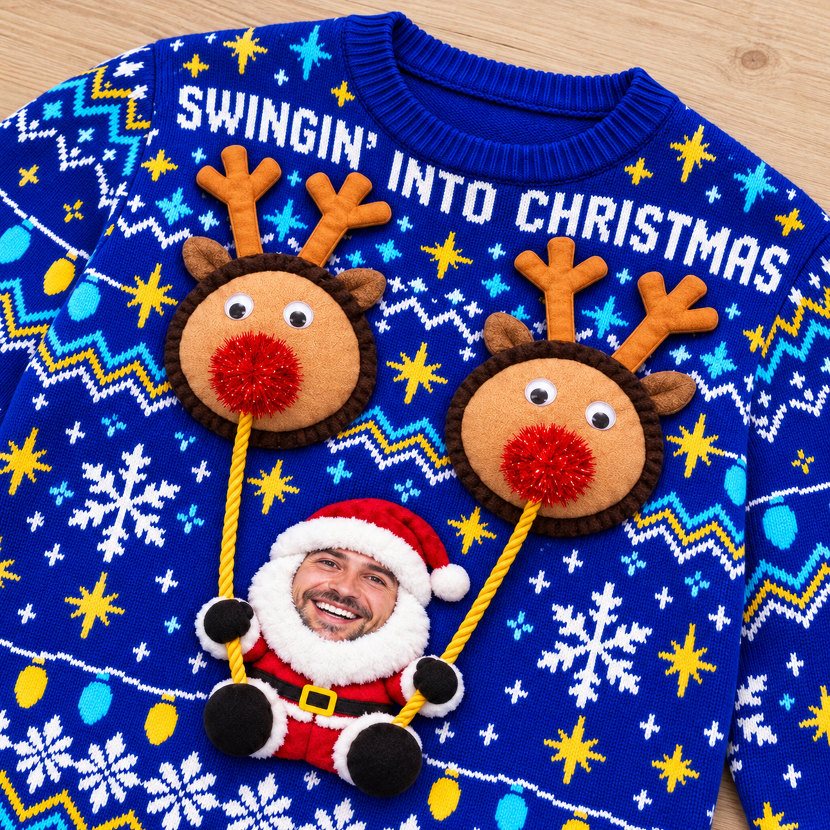 Ugly Christmas Sweater Swingin Reindeer Santa Long Sleeve Knit Top