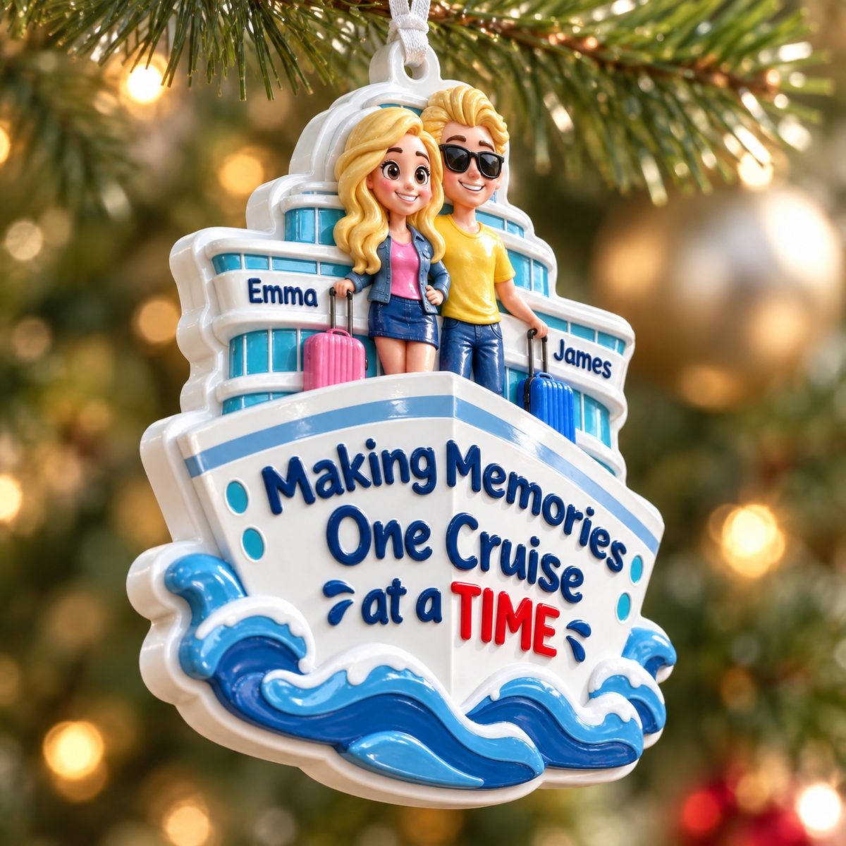 Cruise Ship Couple Vacation Holiday Hanging Decor in Ocean Blue and White - 3D Relief Ornament