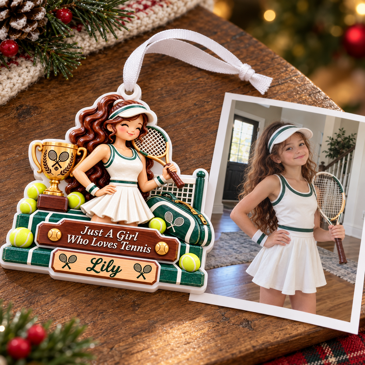 Girl Tennis Player with Trophy and Court Net Holiday Keepsake - 3D Relief Ornament