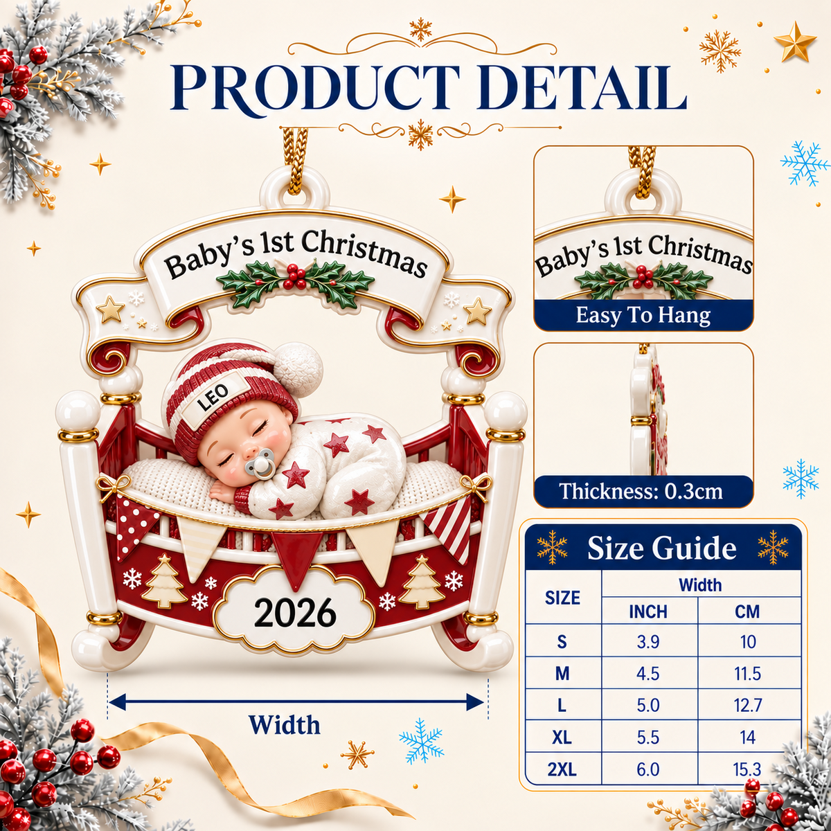 Baby's First Christmas Cradle Hanging Keepsake, Red and White Rocking Bassinet - 3D Relief Ornament