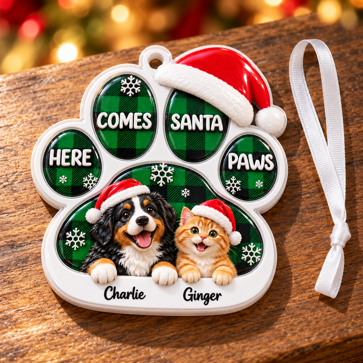 Paw Shape Christmas Tree Hanging Decoration with Dog and Cat Green Plaid - 3D Relief Ornament