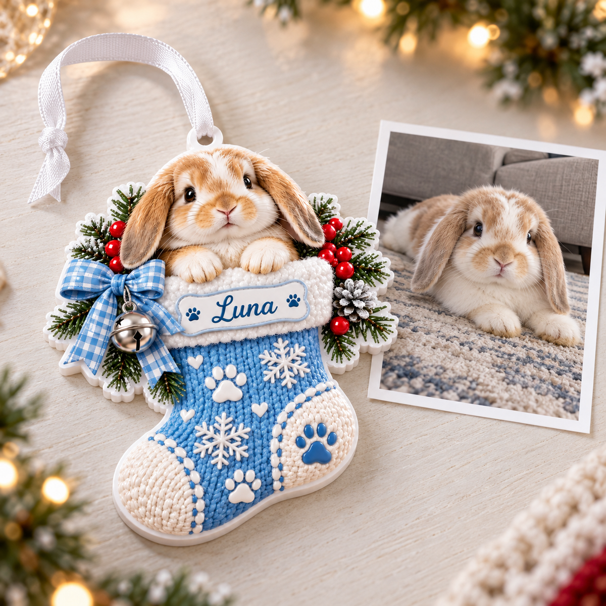 Lop Eared Bunny in Knitted Christmas Stocking Acrylic Holiday Decor - 3D Relief Ornament