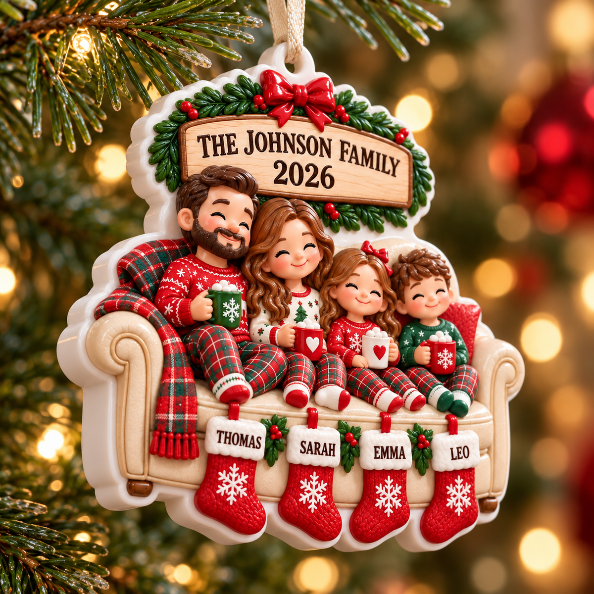 Family of 4 on Sofa with Christmas Stockings Holiday Keepsake - 3D Relief Ornament
