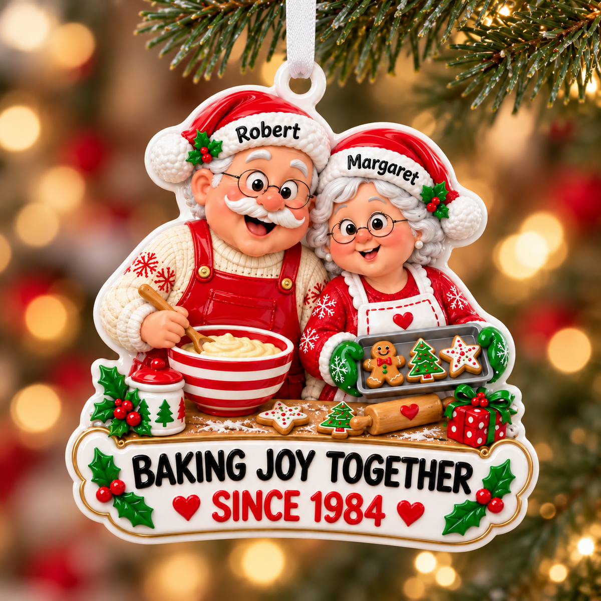 Christmas Baking Couple Holiday Tree Decoration, Kitchen Cookie Keepsake - 3D Relief Ornament