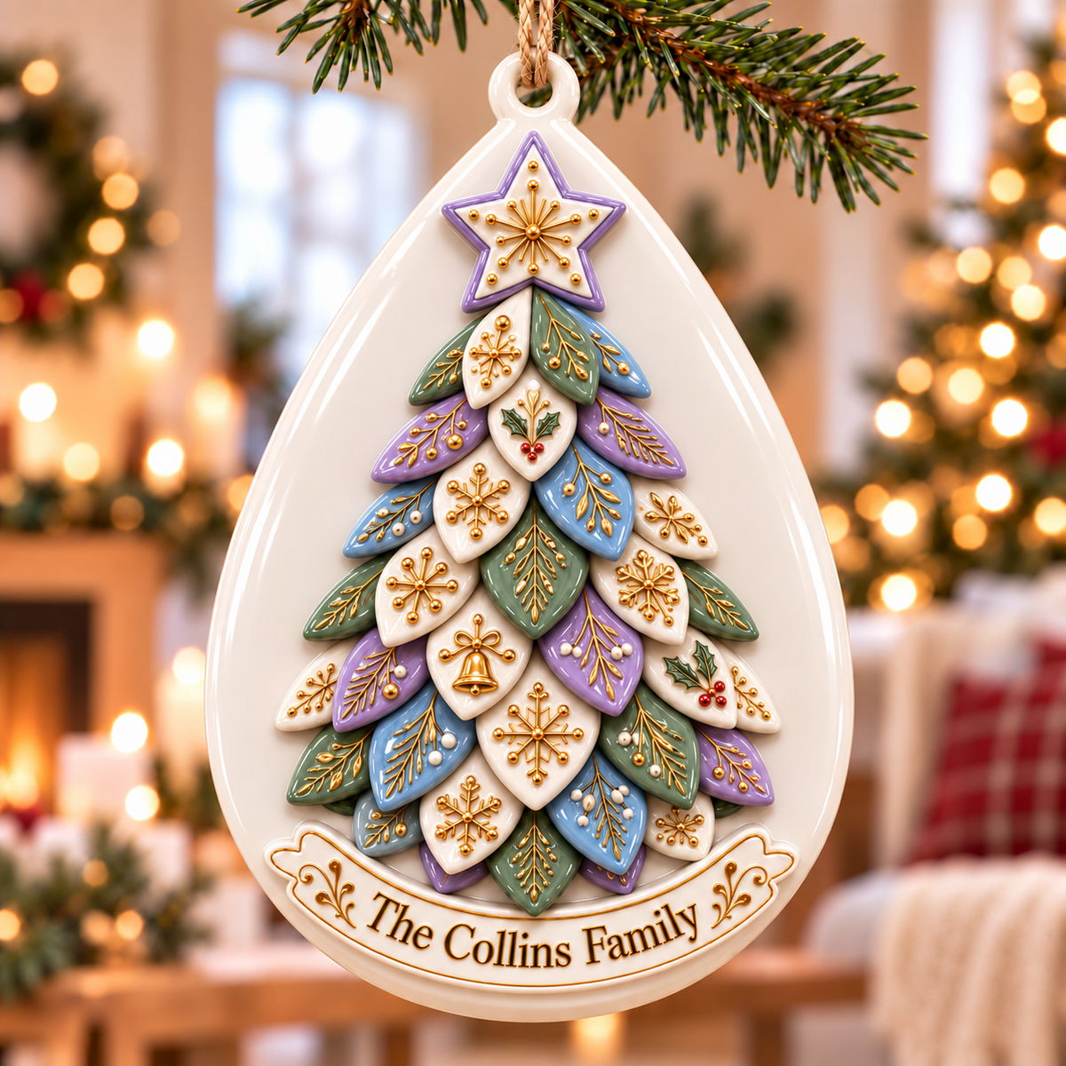 Acrylic Teardrop Christmas Tree Plaque with Gold Leaf Details - 3D Relief Ornament