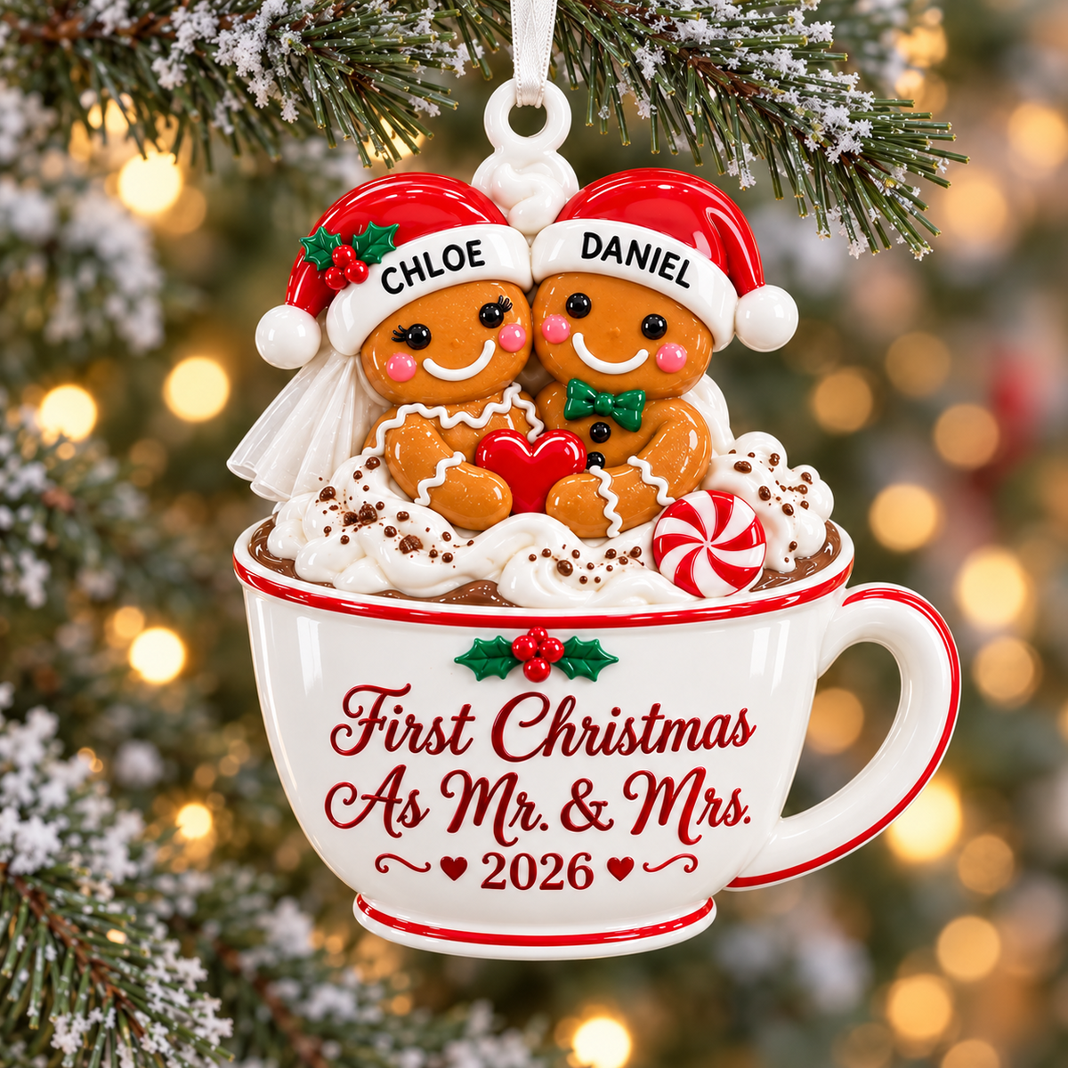 Gingerbread Couple in Hot Cocoa Mug First Christmas as Mr & Mrs Holiday Keepsake - 3D Relief Ornament