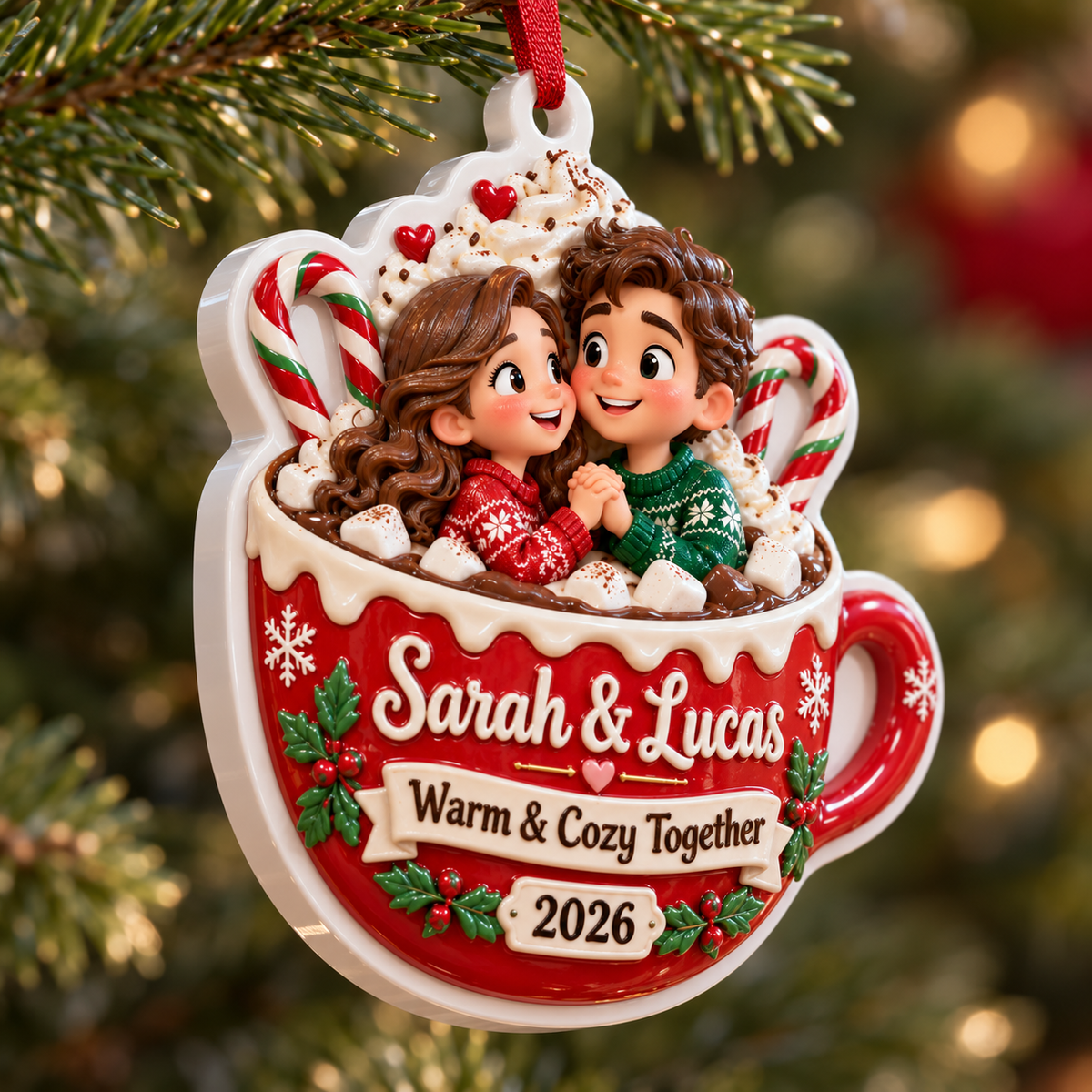 Couple in Hot Cocoa Mug Holiday Tree Hanging Decor - 3D Relief Ornament