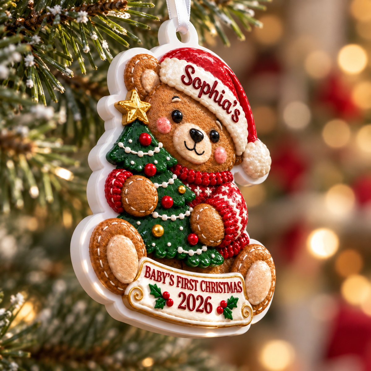 Baby's First Christmas Teddy Bear with Tree Hanging Holiday Keepsake - 3D Relief Ornament