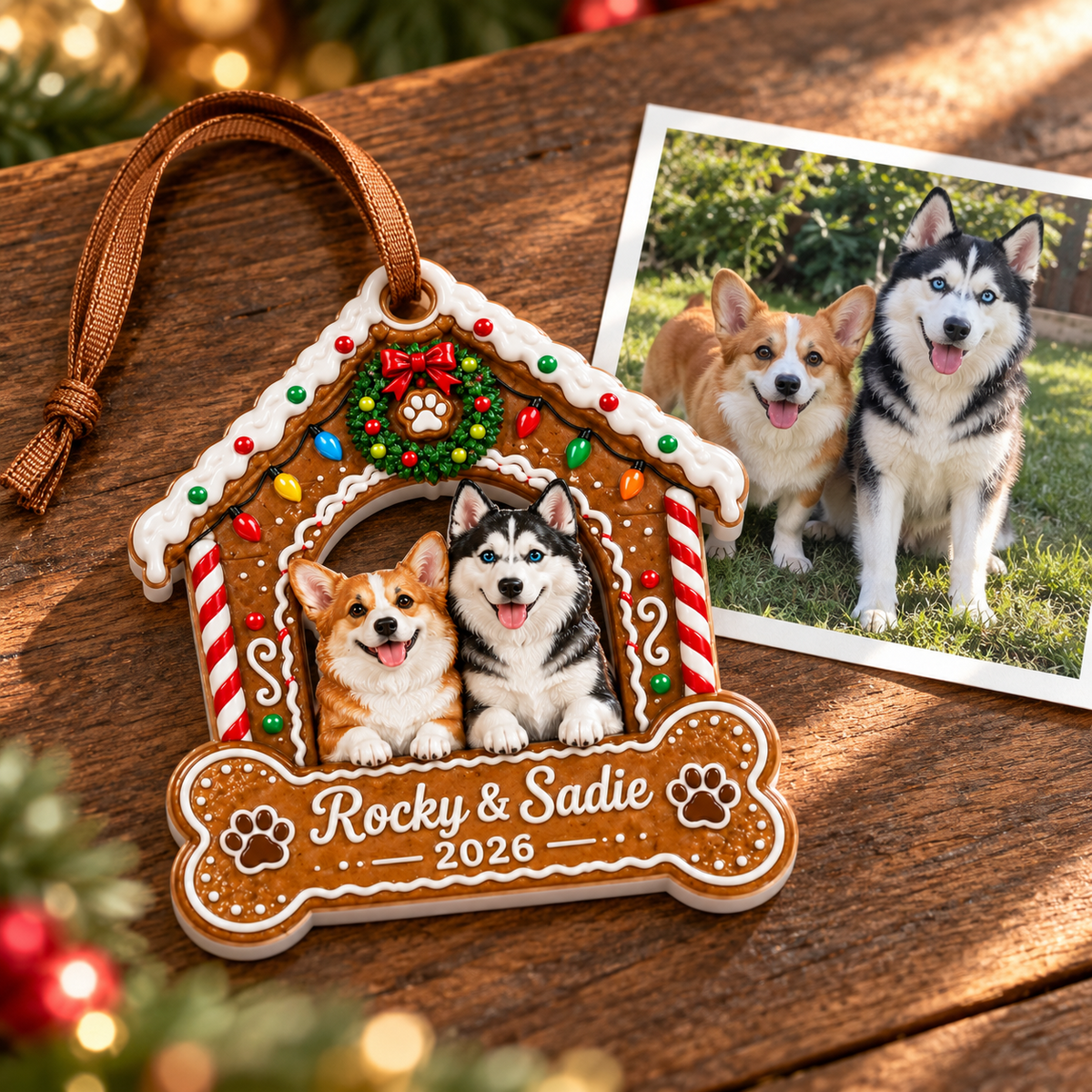 Gingerbread Doghouse Christmas Keepsake with Pet Figures and Bone Plaque - 3D Relief Ornament
