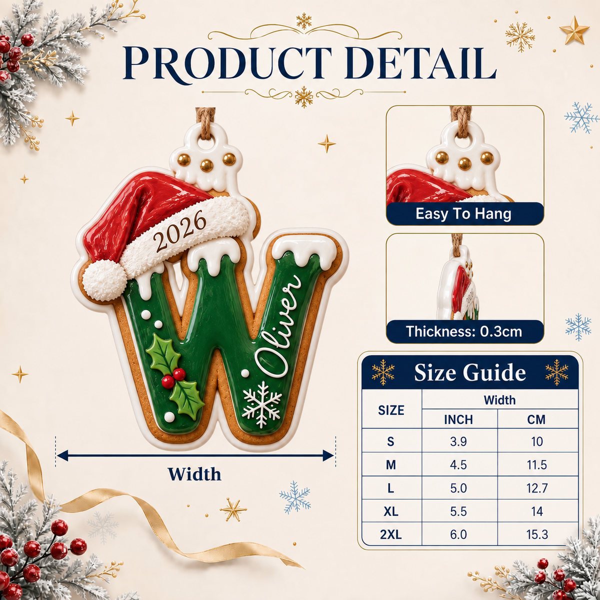 Gingerbread Cookie Letter Christmas Tree Hanging Decoration with Santa Hat - 3D Relief Ornament
