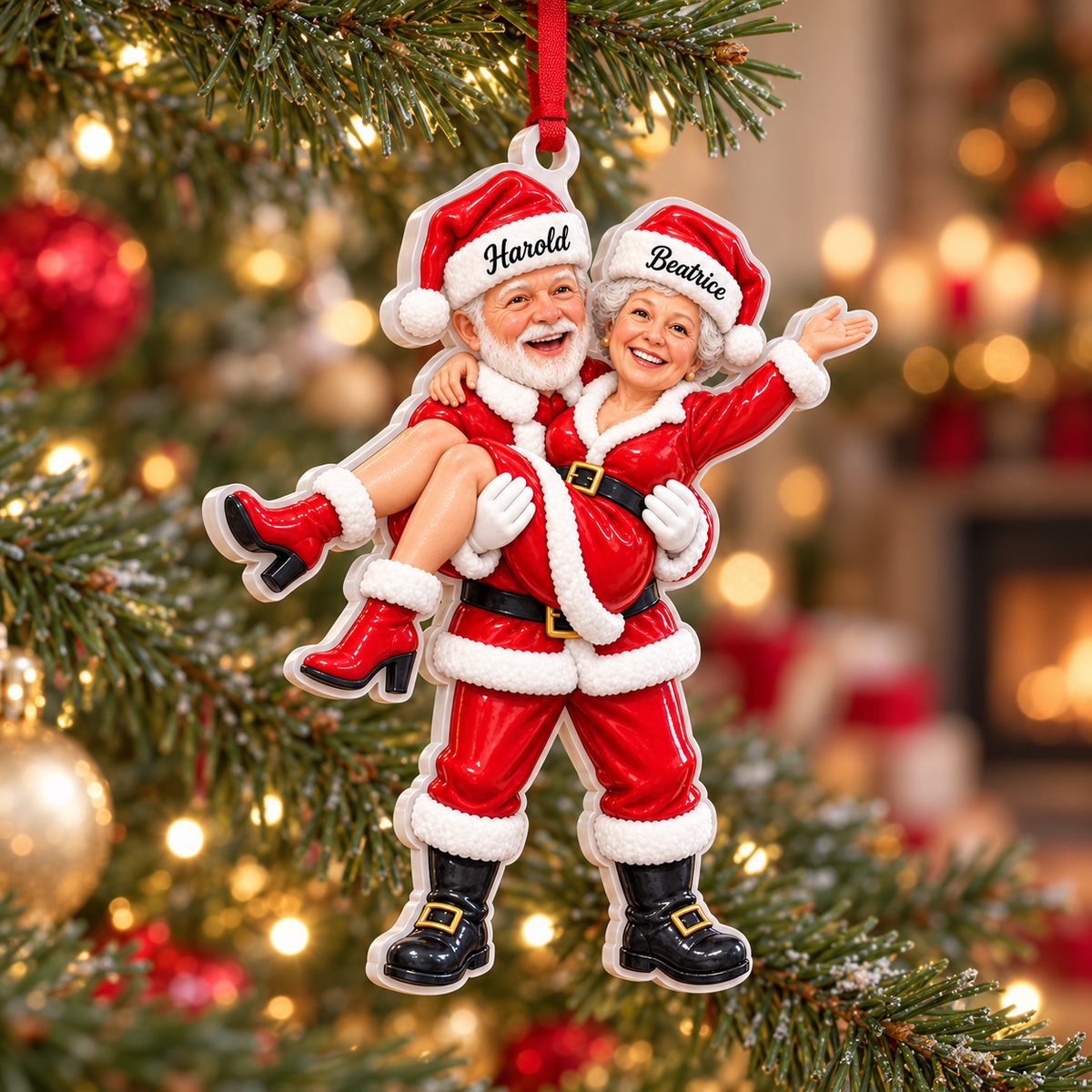 Santa and Mrs Claus Couple Holiday Tree Hanging Figurine in Red - 3D Relief Ornament
