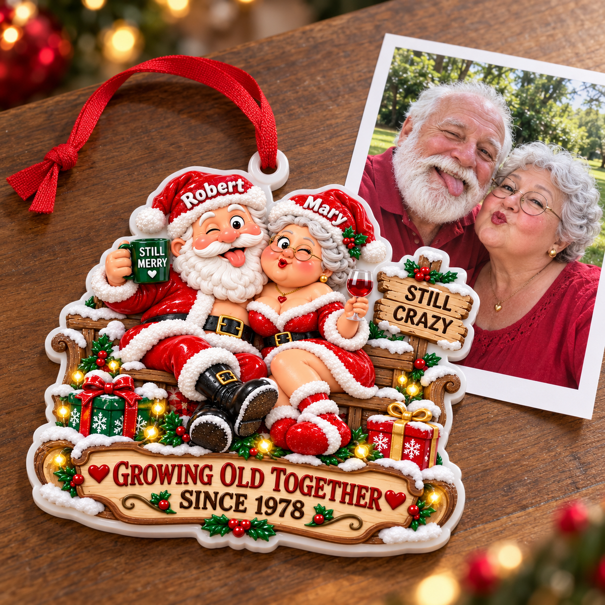 Santa Couple Christmas Hanging Keepsake with Growing Old Together Banner - 3D Relief Ornament