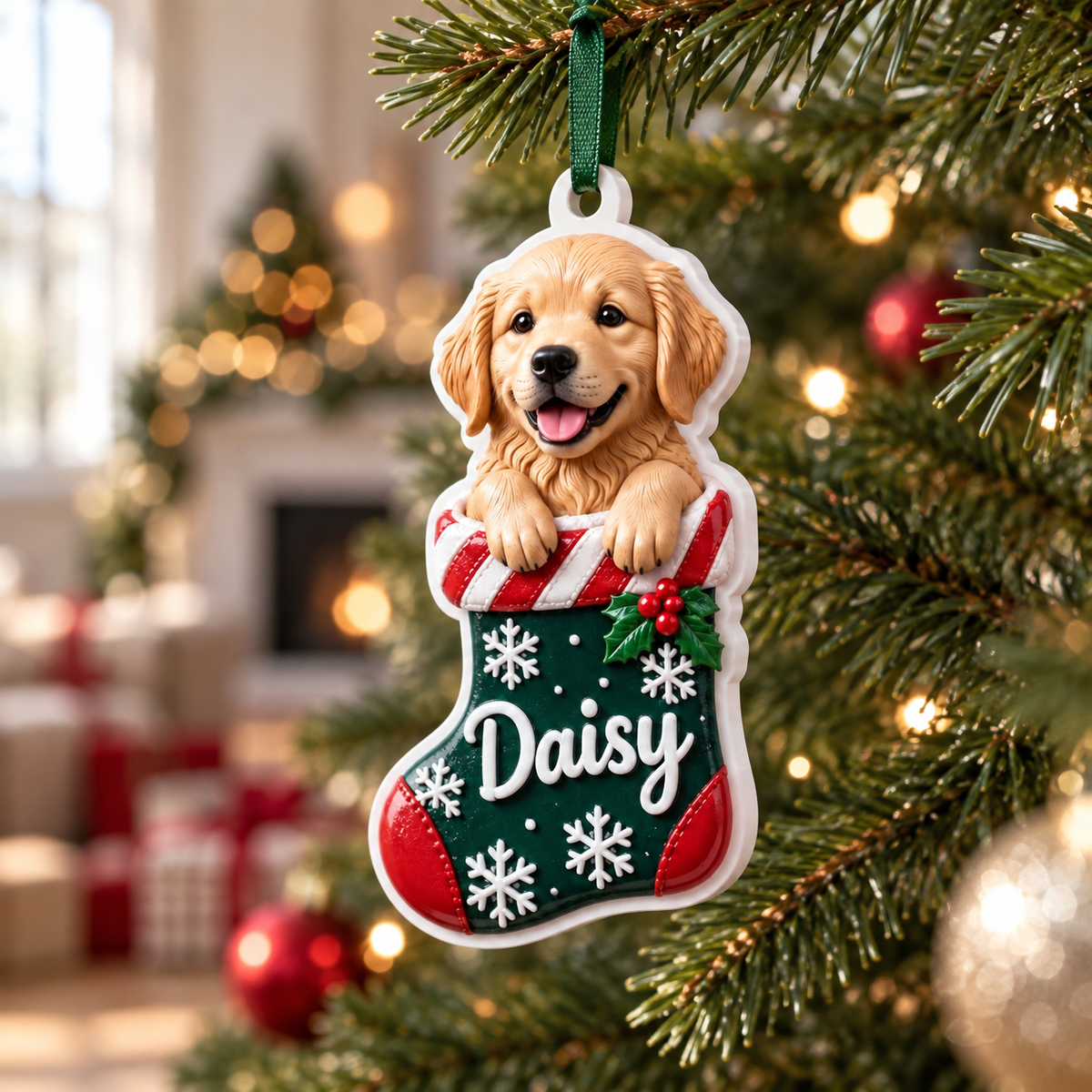 Golden Retriever Puppy in Christmas Stocking Holiday Tree Hanging Decor - 3D Relief Ornament
