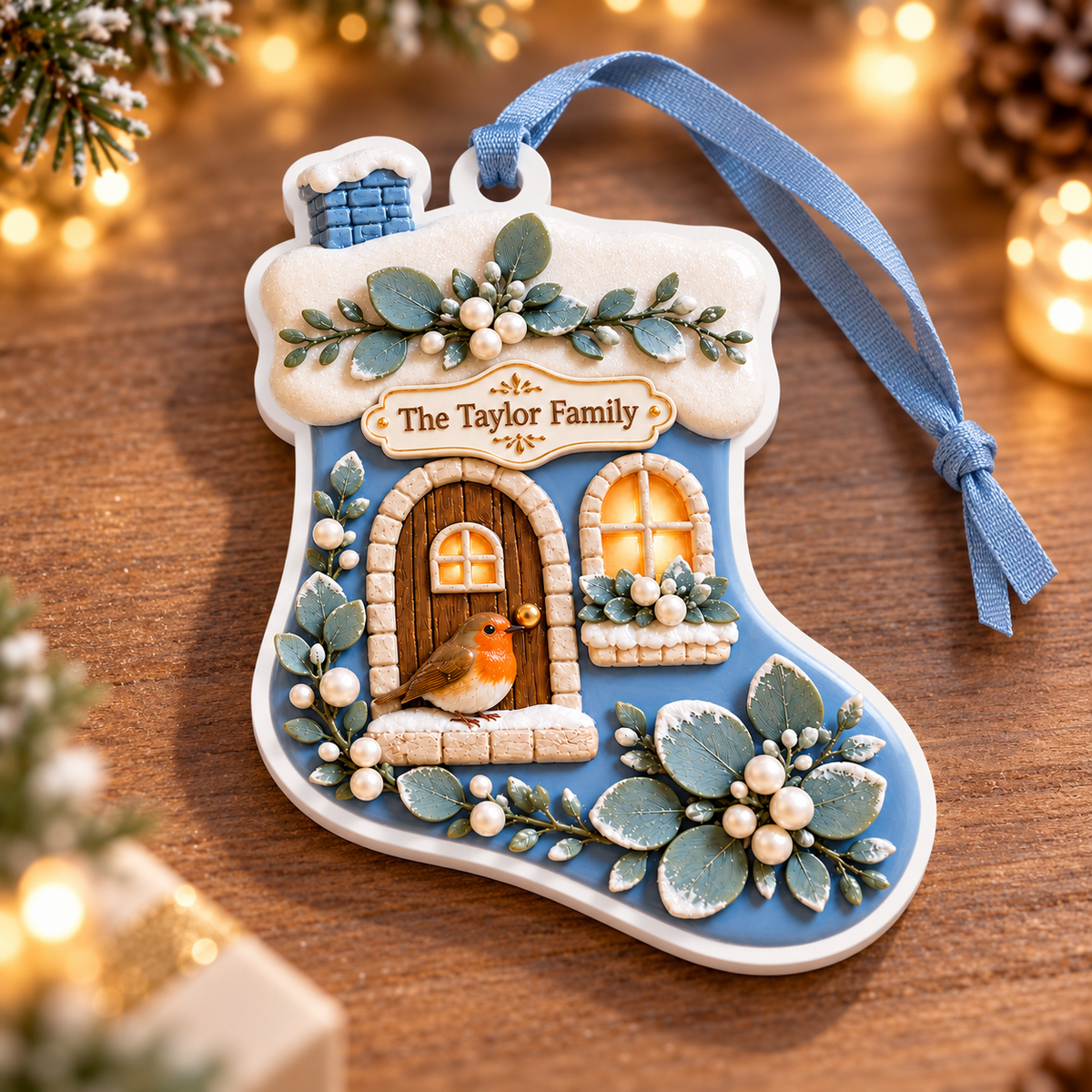 Christmas Stocking Cottage House with Winter Robin Acrylic Holiday Hanging Keepsake - 3D Relief Ornament