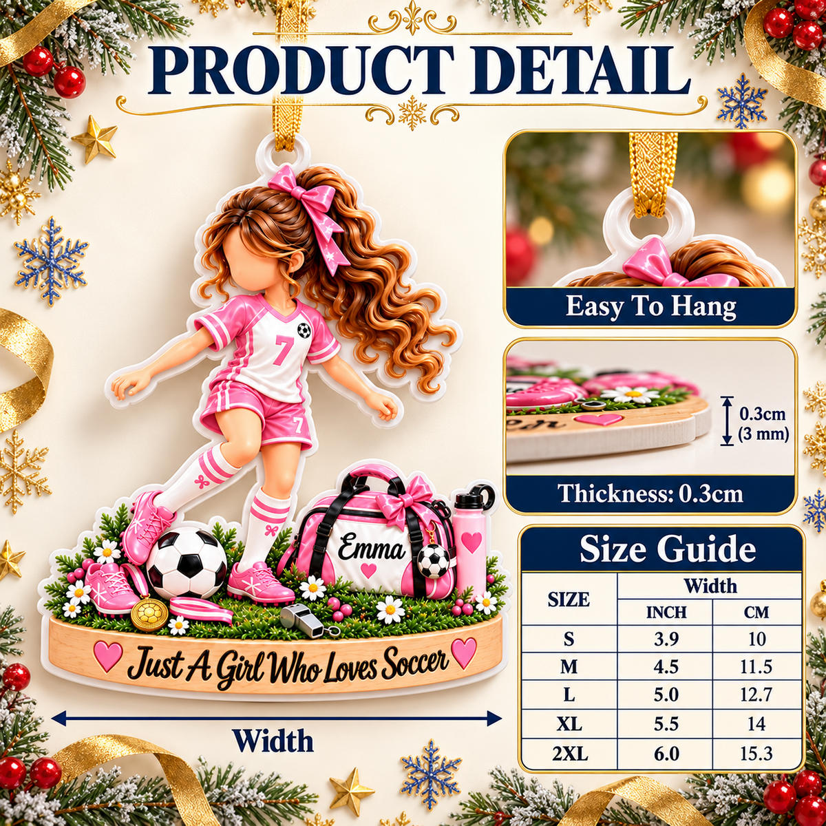 Pink Soccer Player Girl Acrylic Hanging Holiday Keepsake - 3D Relief Ornament