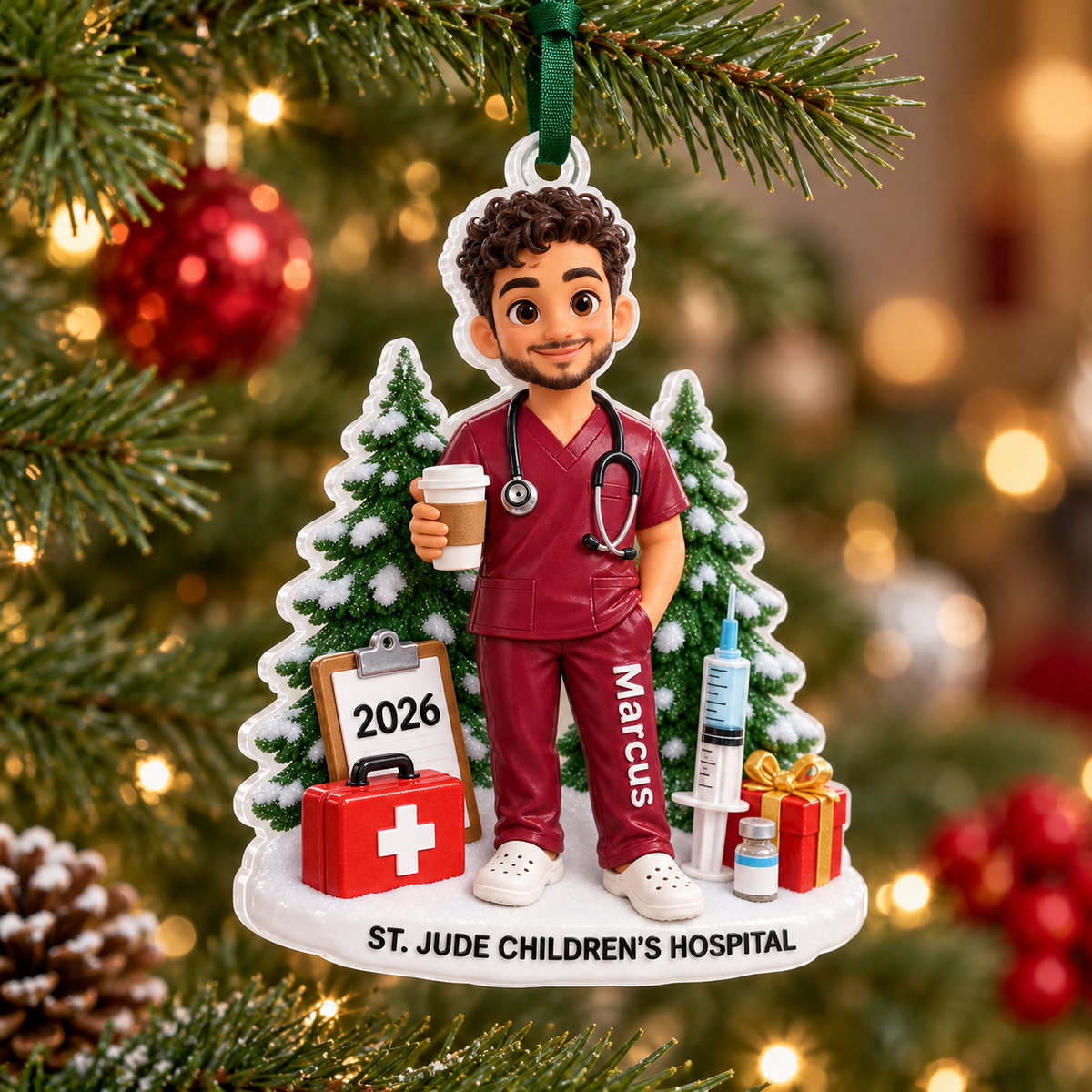 Male Nurse in Maroon Scrubs Healthcare Worker Christmas Tree - 3D Relief Ornament