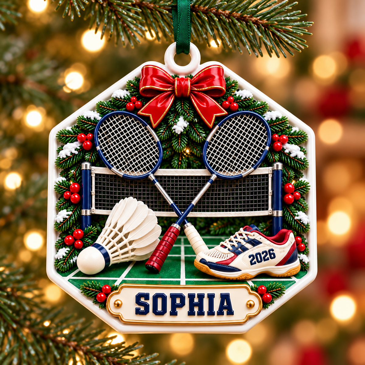 Badminton Rackets and Shuttlecock Court Hexagon Holiday Keepsake - 3D Relief Ornament
