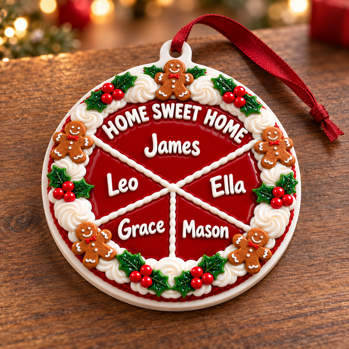 Round White Ceramic Holiday Bauble with Red Ribbon for Christmas Tree Decor - 3D Relief Ornament