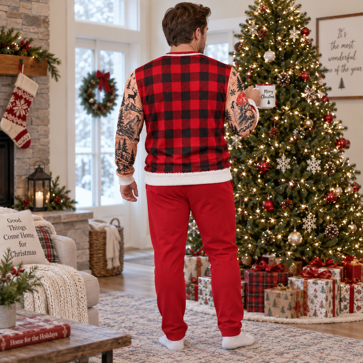 Funny Christmas Sweatshirt Hairy Chest Plaid Vest Tattoo Graphic