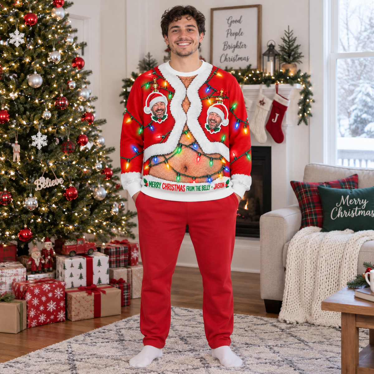 Ugly Christmas Sweatshirt Funny Hairy Belly String Lights Pullover