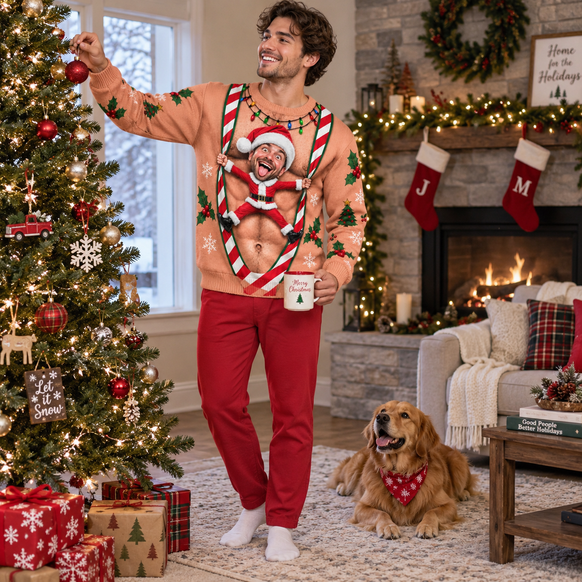 Ugly Christmas Sweatshirt Faux Hairy Chest Candy Cane Suspenders