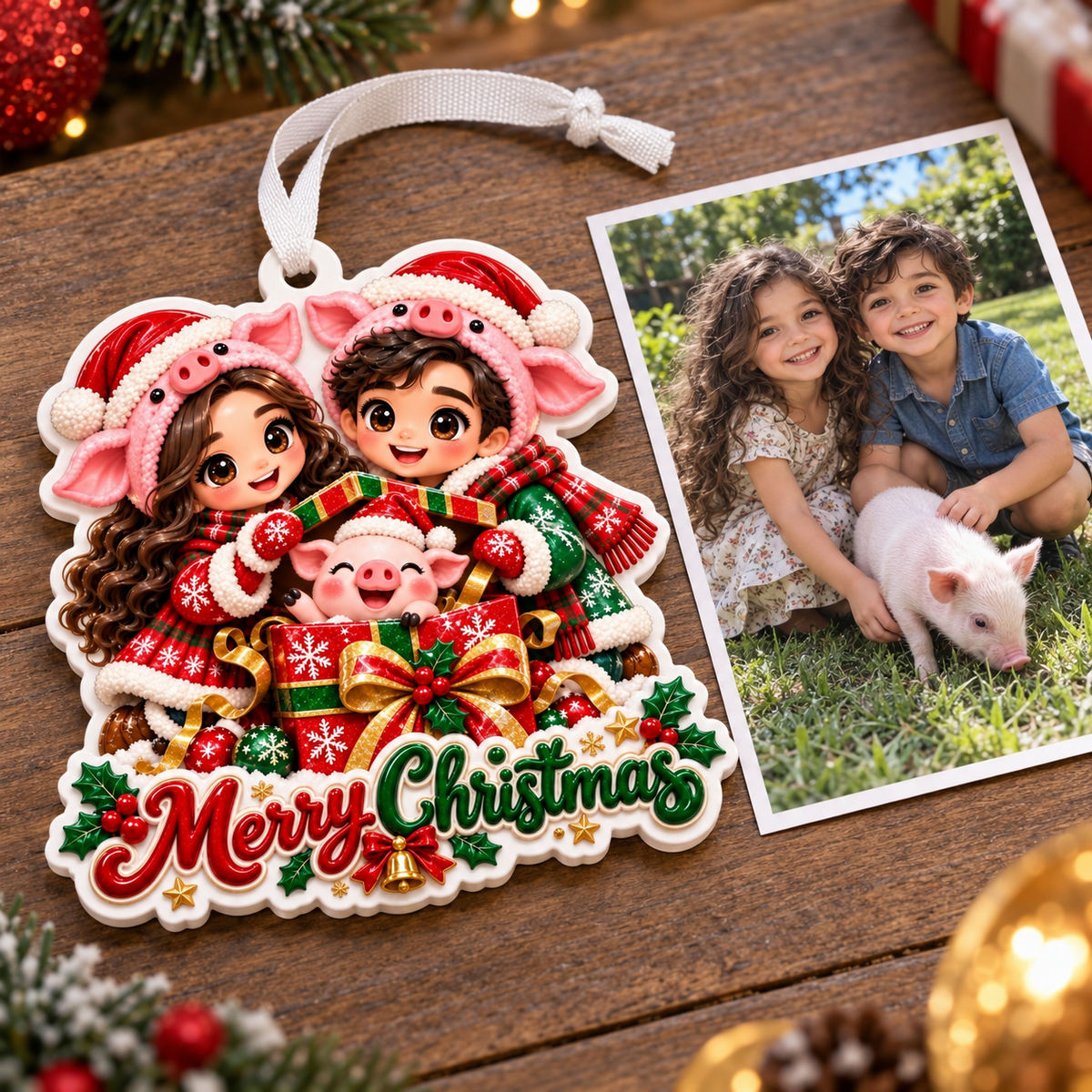 Pig Hat Couple with Piglet Gift Box Merry Christmas Acrylic Tree Hanging - 3D Relief Ornament