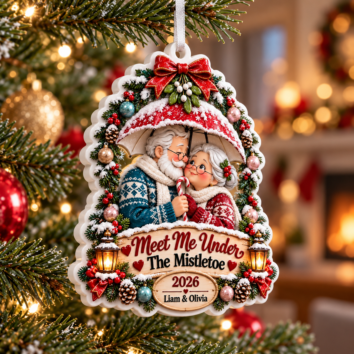Elderly Couple Under Umbrella Holiday Tree Hanging - 3D Relief Ornament