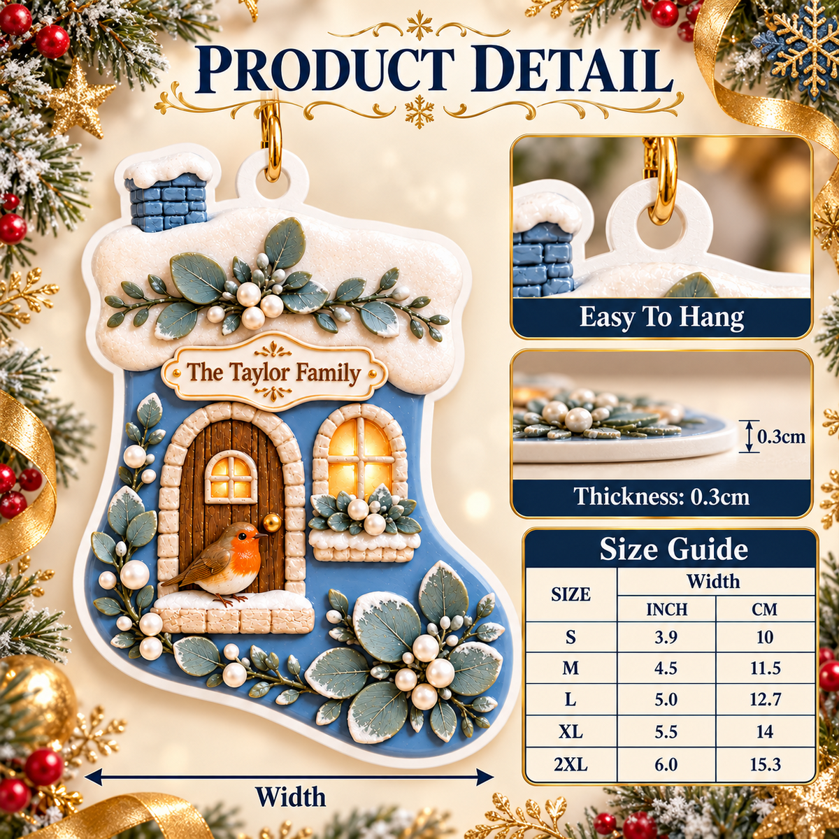 Christmas Stocking Cottage House with Winter Robin Acrylic Holiday Hanging Keepsake - 3D Relief Ornament