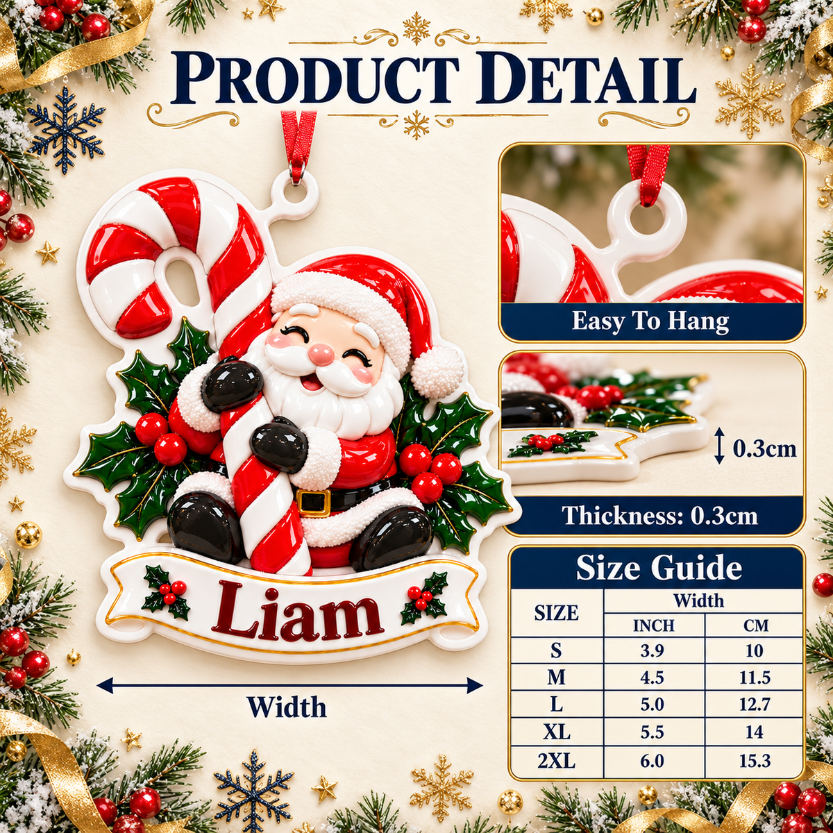 Santa Claus with Candy Cane Christmas Tree Hanging Plaque - 3D Relief Ornament