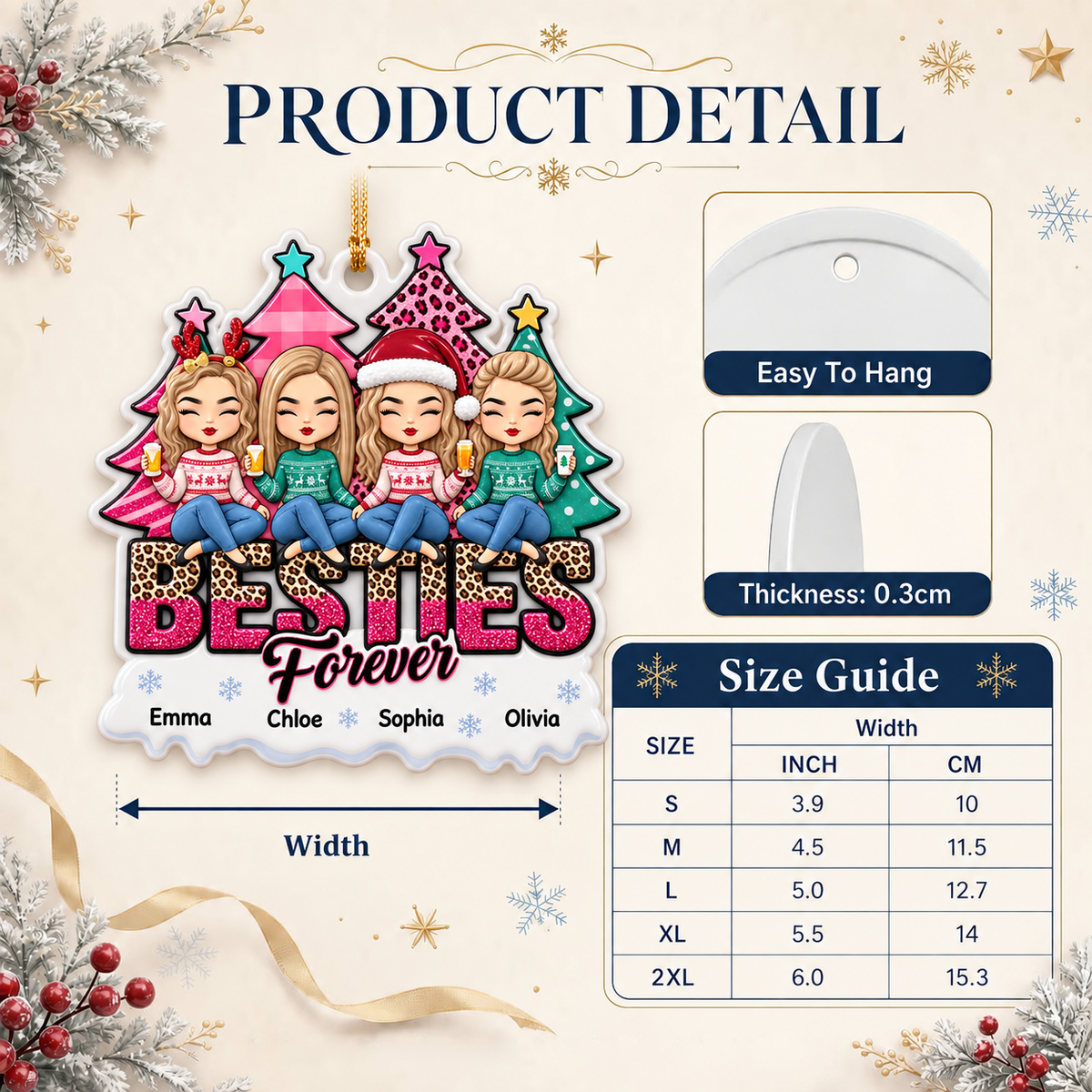 Four Friends Christmas Hanging Keepsake with Winter Holiday Trees - 3D Relief Ornament