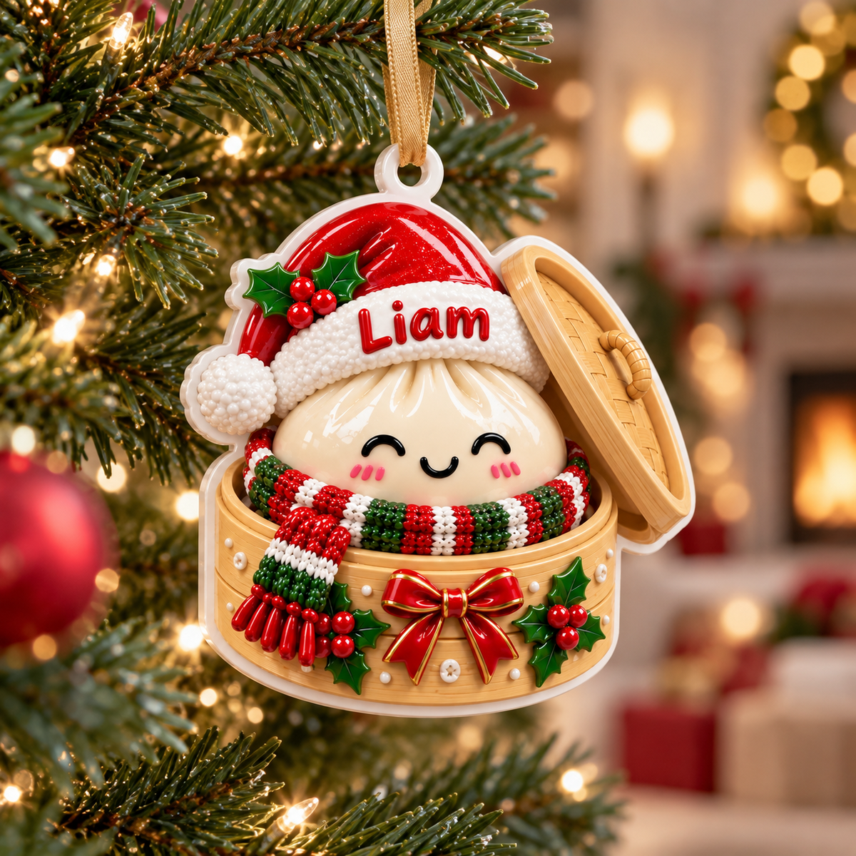 Steamed Dumpling in Bamboo Basket Christmas Tree Hanging Accent - 3D Relief Ornament